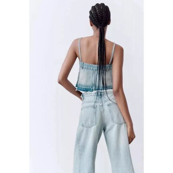 Zara Women's Cropped Denim Tank Top Blue Frayed Hem Size XS NWT Light Wash - Picture 3 of 14
